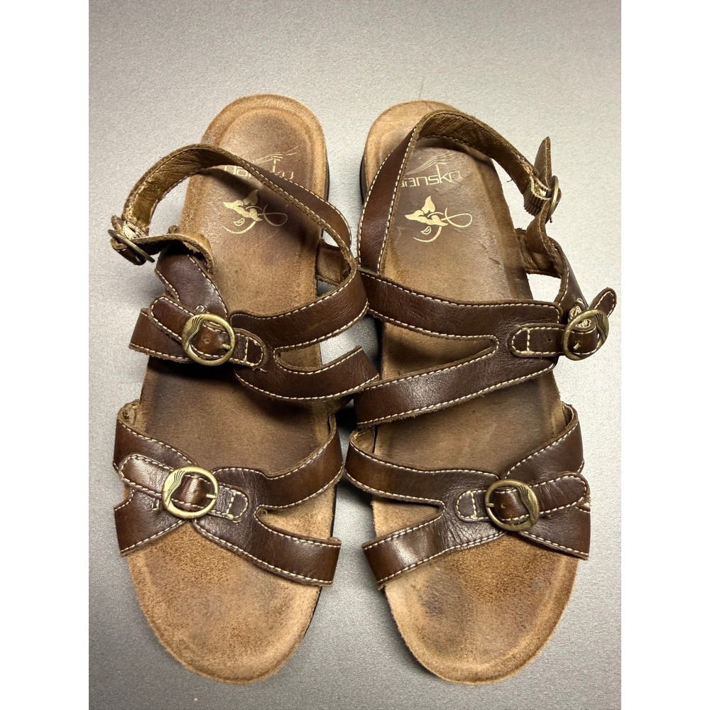 Dansko Brown Leather Strappy‎ Comfort Sandals Buckle Ankle Strap Womens